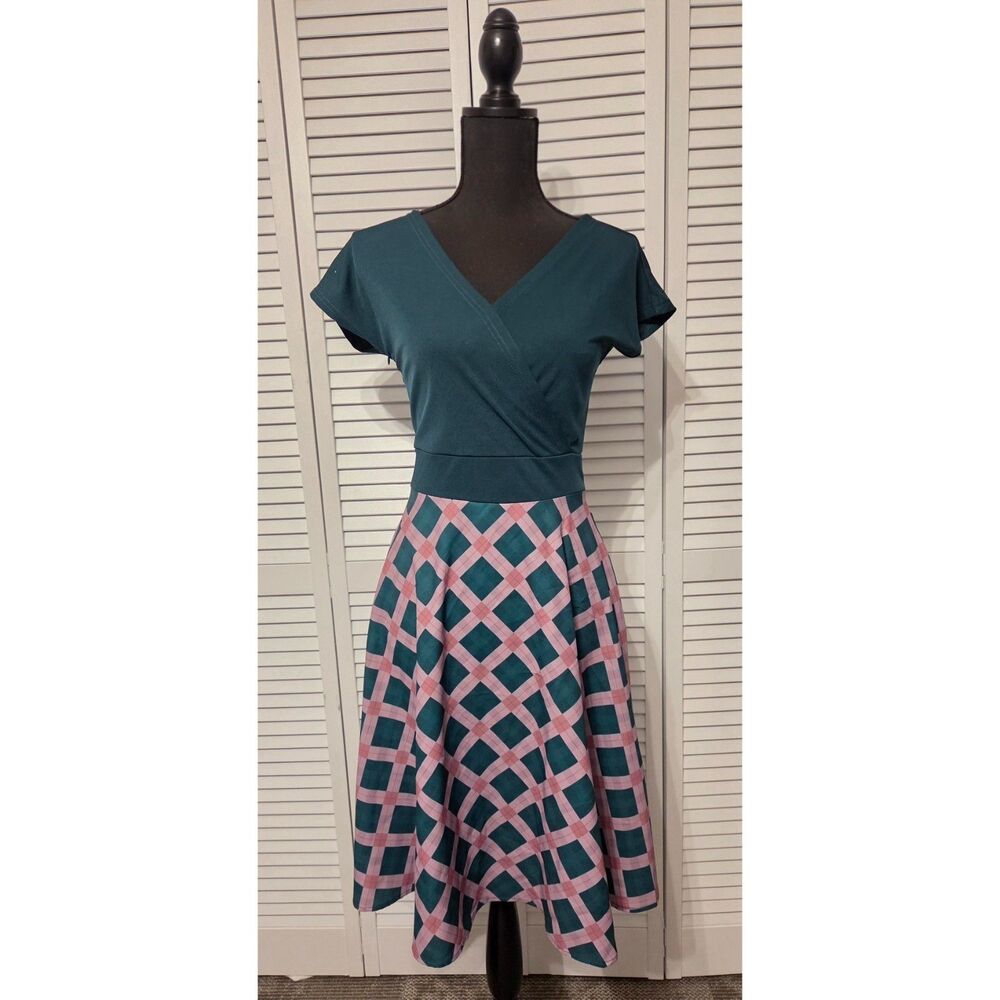 Faux Wrap Fit & Flare Dress, Teal & Pink Plaid, Vintage-Inspired, Size Small